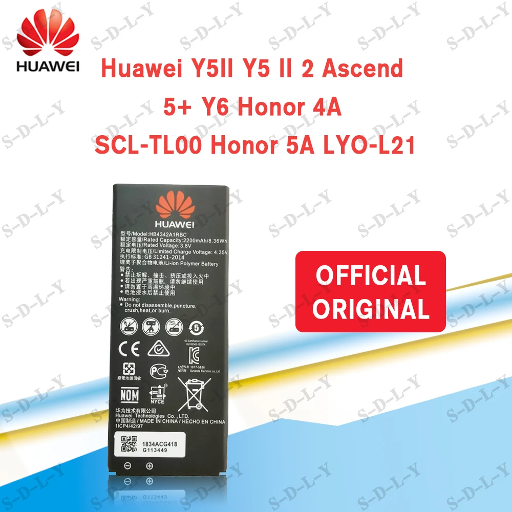 

Hua Wei 100% Orginal HB4342A1RBC 2200mAh Battery for Huawei Honor 4A Honor 5A LYO-L21 Y5II Ascend 5 + Y6 SCL-TL00 CUN-U29