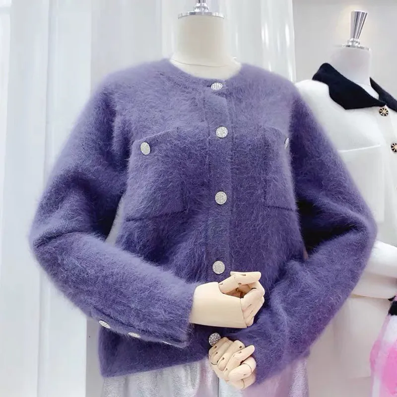 

Aibeauty Winter Thick Vintage Female Solid Open Stitch Sweaters Soft Warm Single-breasted Women Mink Cardigans