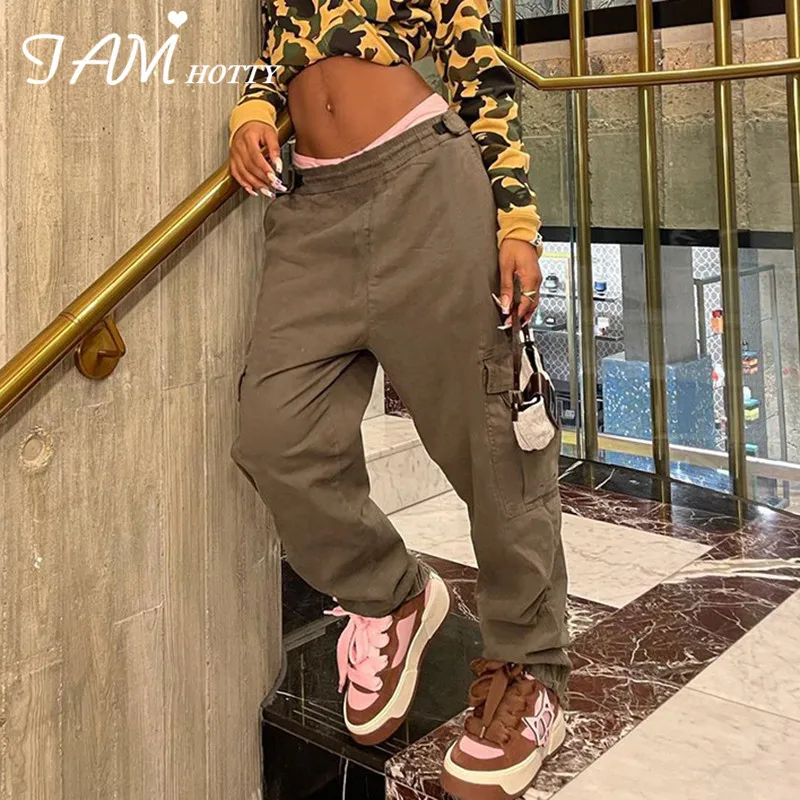 

IAMHOTTY Fashion Khaki Cargo Pants High Waist Sweatpants Casual Joggers Trousers Elastic Wide Leg Vintage Grunge Bottoms Women