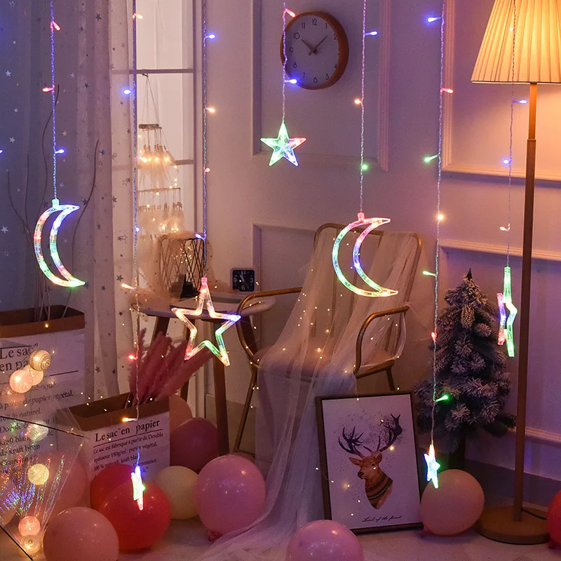 battery operated led star moon fairy curtain string lights christmas garland outdoor for home wedding party garden window decor free global shipping