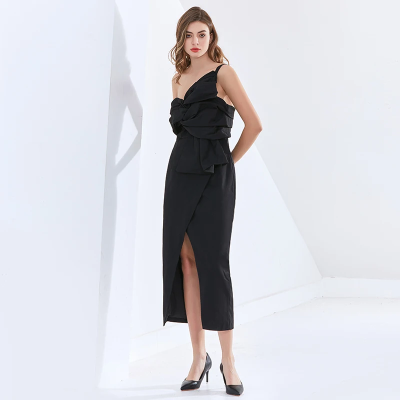 

TWOTWINSTYL Party Dress For Women Strapless Sleeveless Off Shouder High Waist Cross Ruched Split Bodycon Dresses Female 2020 New