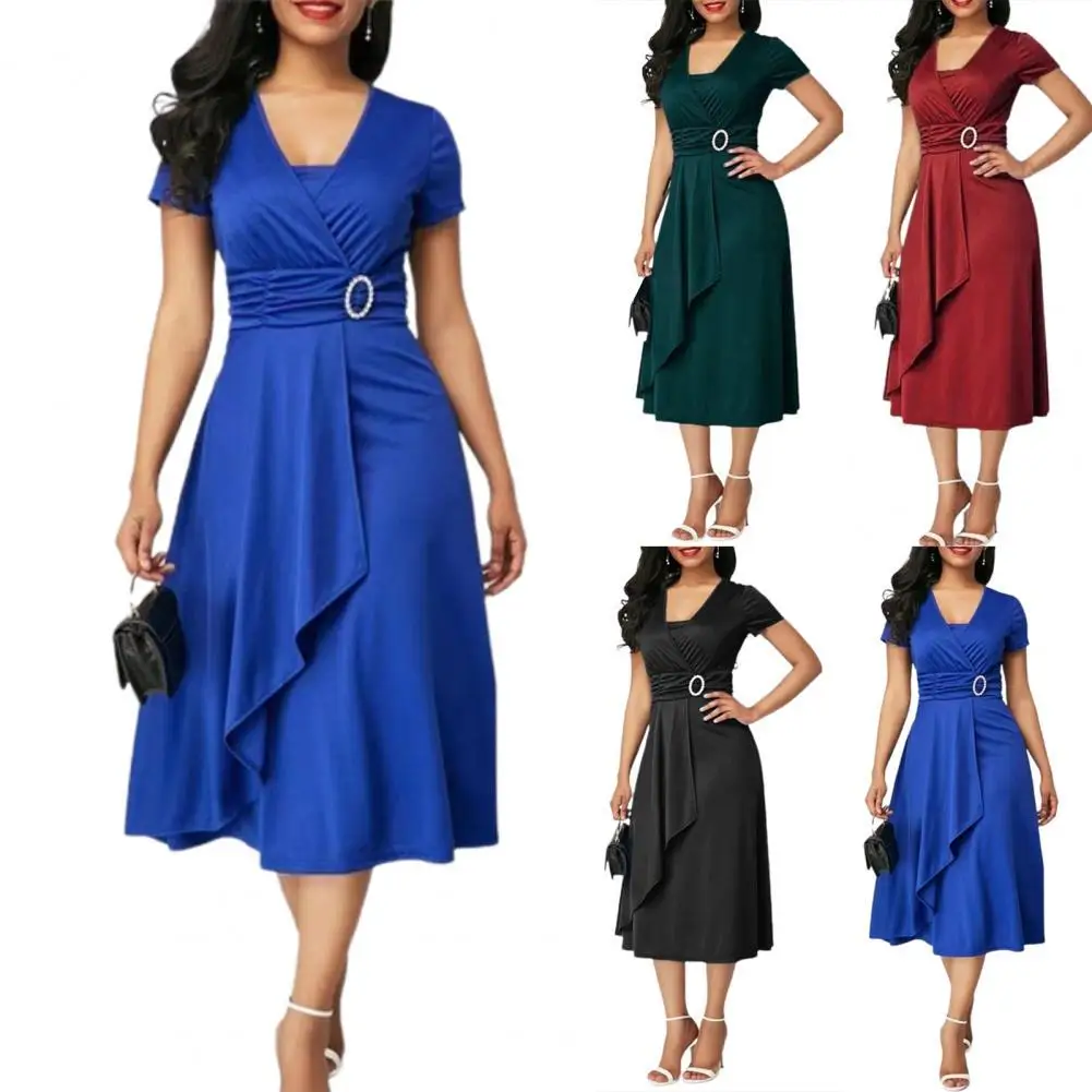 

2021 Ladies Dress Casual Asymmetric Hem High Waist Dress Women Elegant Temperament V Neck Evening Party Dress
