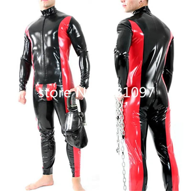 

Latex Rubber Catsuit For Men Red with Black Sexy Bodysuit Party Club Wear Bodysuit Front Zipper Custom Made lingerie one piece