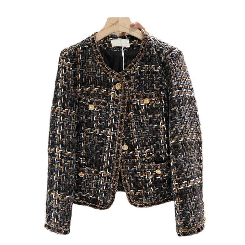 

Женский Клетчатый жакет с круглым вырезом, винтажное шерстяное пальто в Корейском стиле, элегантная зимняя уличная одежда для женщин