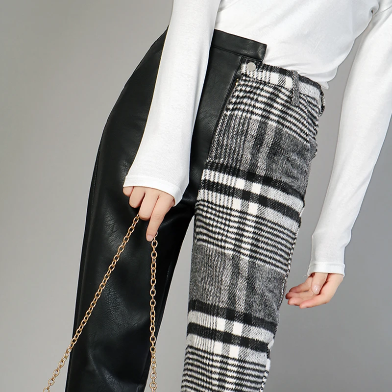 

SISPELL Patchwork PU Womens Plaid Pants Asymmetrical Hit Color High Waist For Female Straight Leg Pants 2020 Autumn Fashion New