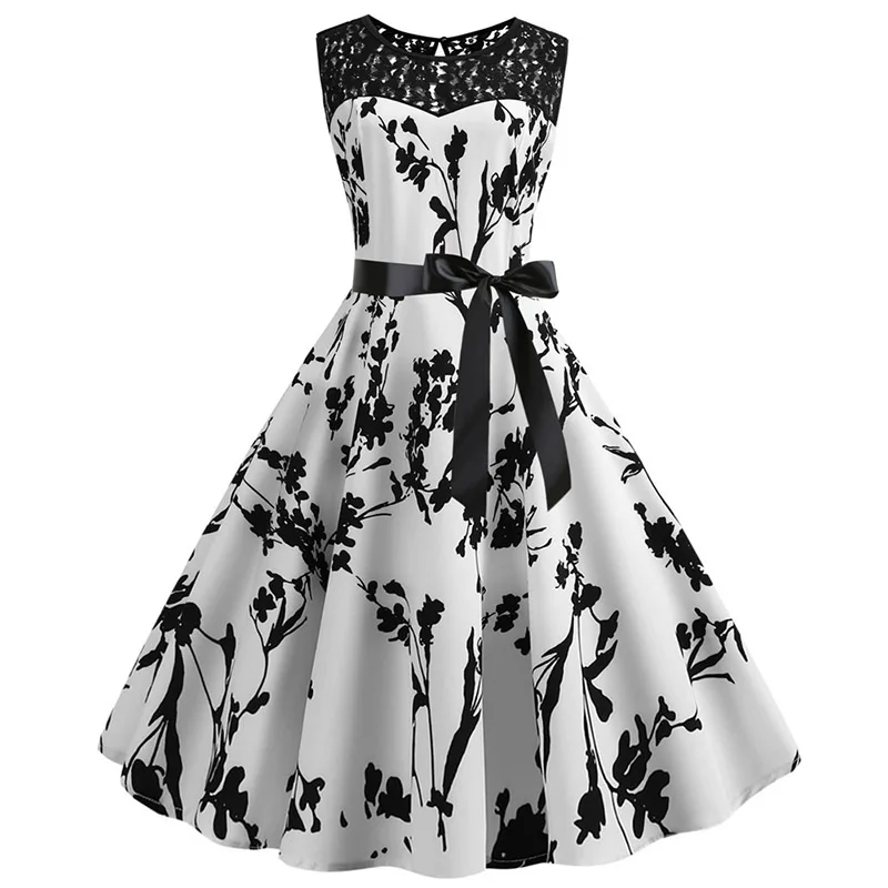 Lace Patchwork Floral Print Women Summer Dress Hepburn 50s 60s Elegant Vintage Office Ladies A-Line Party Dresses Belt | Женская одежда