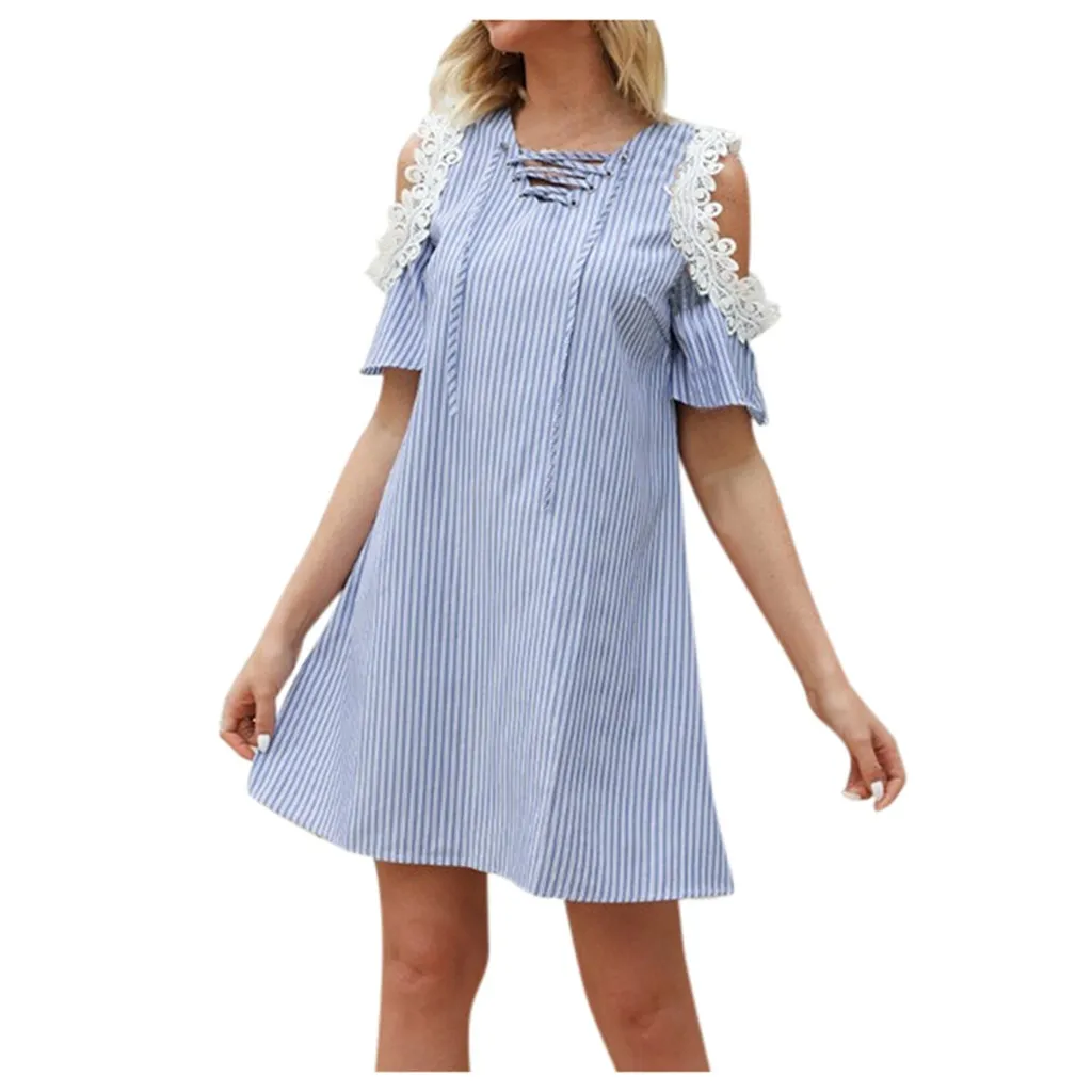 Женское свободное платье в полоску с коротким рукавом и V-образным вырезом |