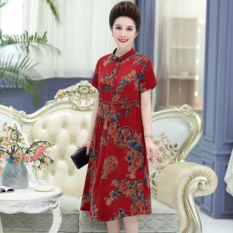 

Chinese Style Mature Women Silk Shirt Dresses Red Green Oriental Flower Pater Pan Collar Short Sleeve Straight One Piece Robe