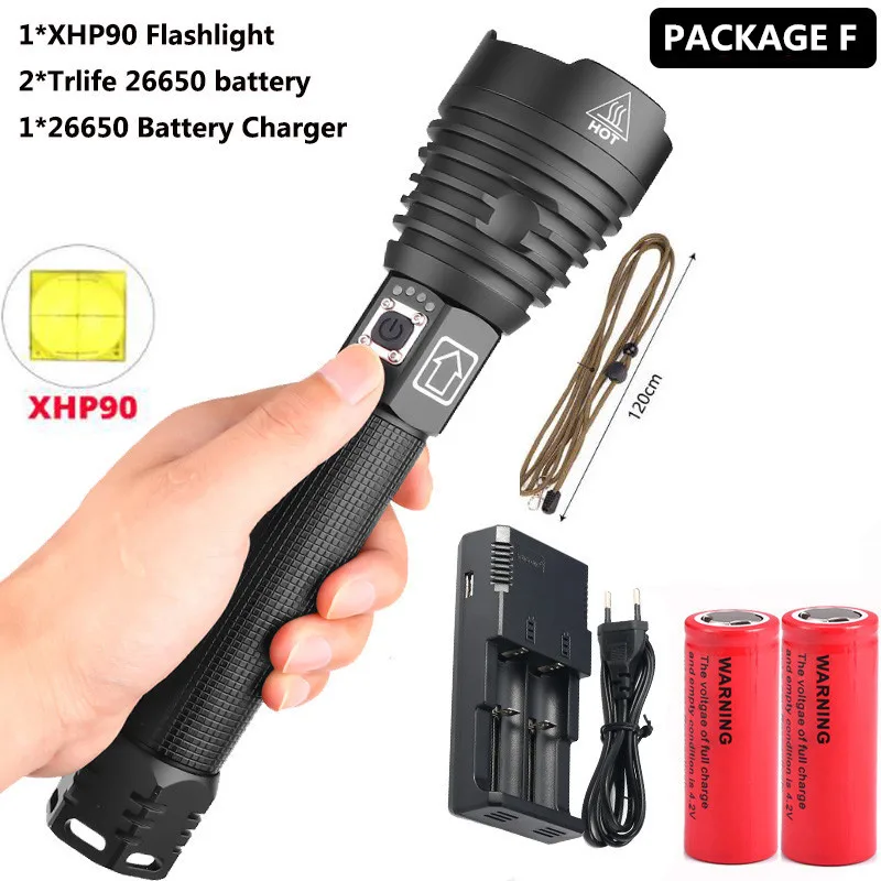 Option F Самый мощный светильник XHP90 светодиодный вспышка светильник USB масштабируемый фонарь 3 режима лампы 18650 26650 Перезаряжаемые Батарея для кемпинга - Испускаемый цвет: Option F