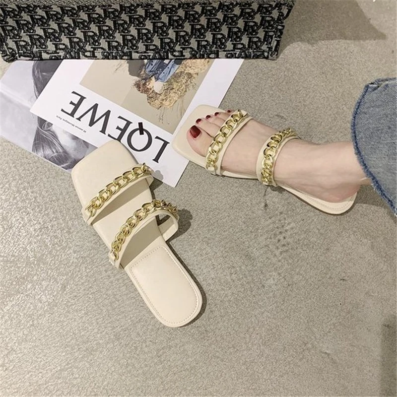 

Women's shoes and slippers 2021 summer new style flat metal chain low-heeled fashion sandals and slippers