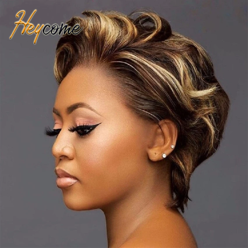 

Heycome Water Wave Short Pixie Cut Bob Wigs Highlight 4/27 Human Hair Wigs Pre Plucked T1B/27 Ombre T Part Lace Wigs For Women