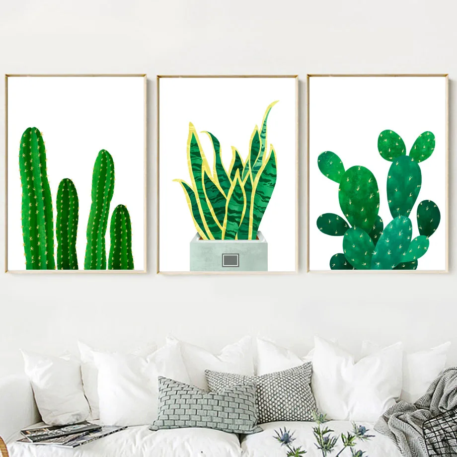 Green Tropical Plants Leaves Cactus Wall Art Canvas Painting Nordic Posters And Prints Pictures For Living Room Home Decor | Дом и сад