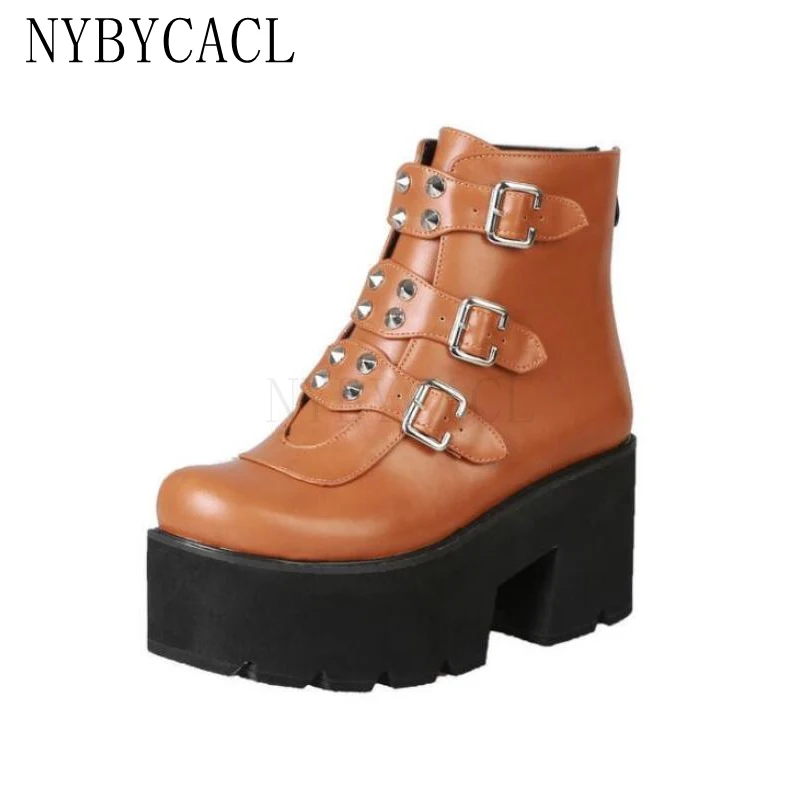 

Winter Gothic Punk Womens Platform Boots Black Buckle Strap Zipper Creeper Wedges Shoes Mid Calf Military Combat Boots Women NEW
