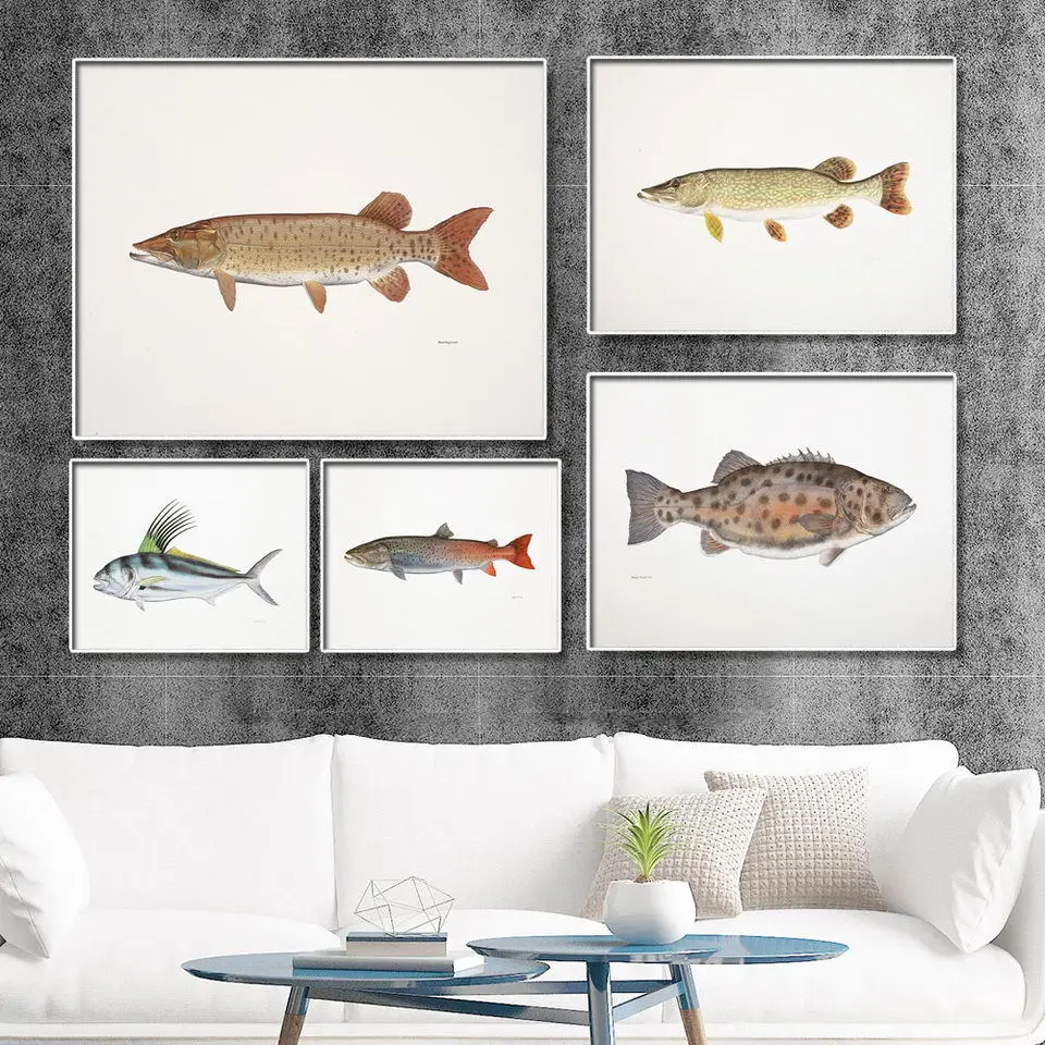 Decorative Painting Retro Fish Restaurant Hotel Paintings Animal Print Wall Pictures for Living Room Flatfish Art Canvas |
