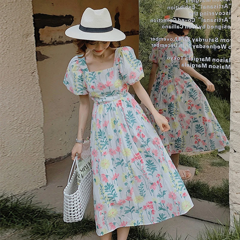 

Fashion Summer Casual Vintage Floral Print Midi Party Dress Ladies Elegant Robe Square Collar Puff Sleeve Beach Vacation Dress