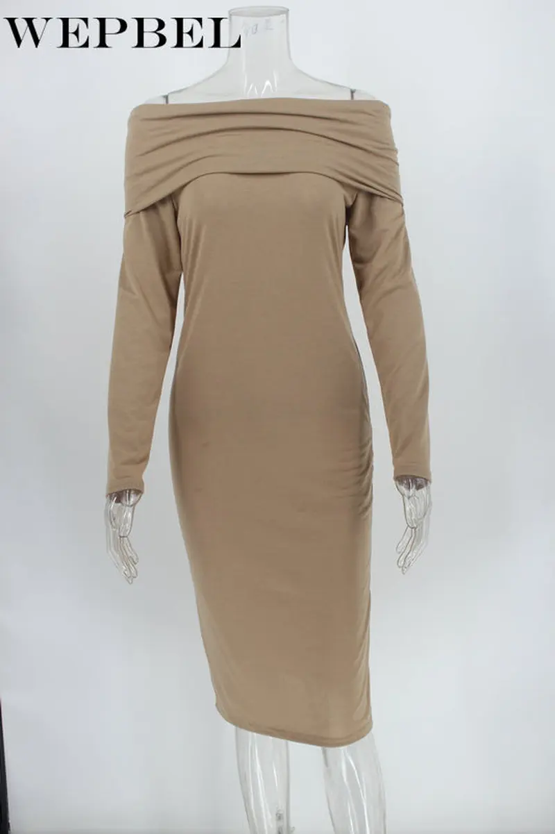 

WEPBEL Women Spring Autumn Winter Sexy Off Shoulder Dress Casual Ladies Elegant Long Sleeve Stretchy Bodycon Dress Evening Dress