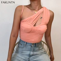 fakuntn sexy one shoulder mesh crop top women corset vest 2021 woman clothes top female tanks and camis tank top cropped