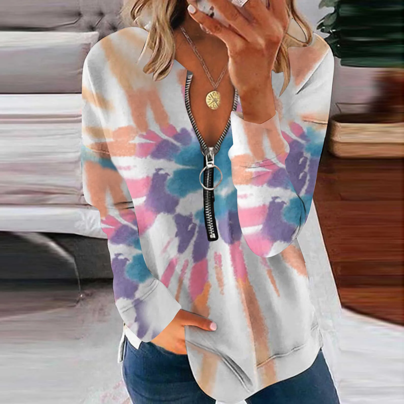 

Женская Блузка на молнии с длинным рукавом и принтом, Повседневная модная Базовая рубашка свободного покроя, 2021 R5