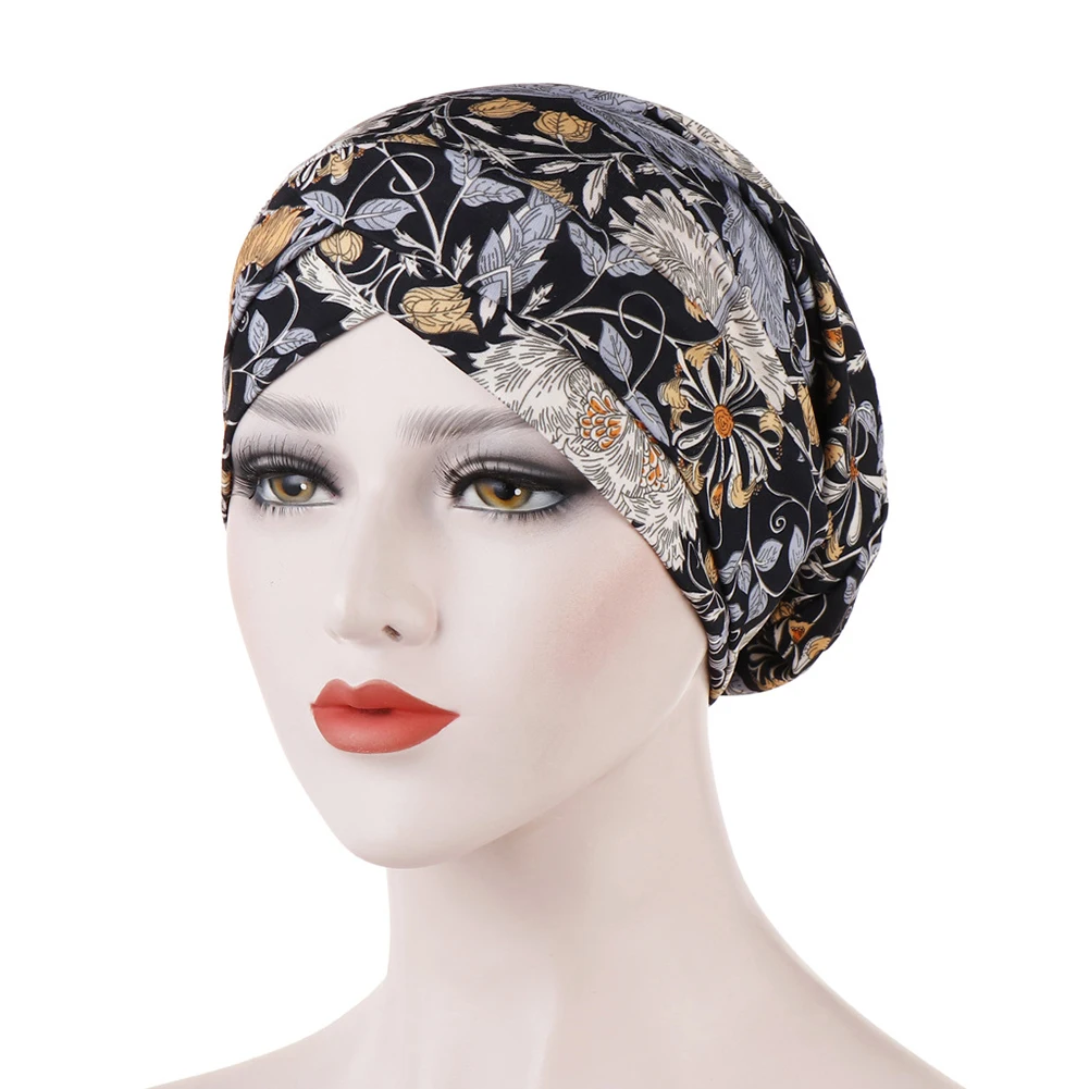 Цветочный принт спереди твист крест мусульманских женщин тюрбан шляпа Головной