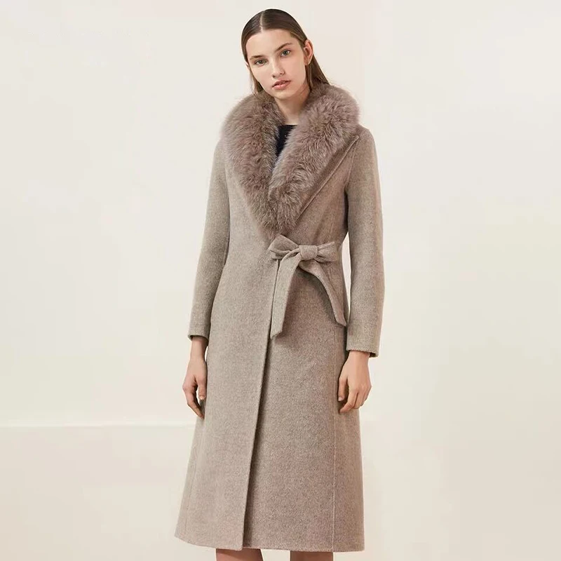 

Женское шерстяное пальто, зимнее длинное пальто 2020 с воротником из лисьего меха, осенняя женская одежда