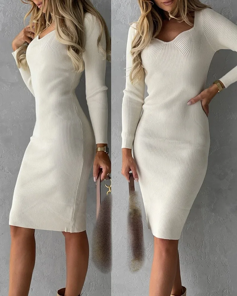 

Midi Dress Women Long Sleeve Asymmetrical Neck Knit Skinny Dress