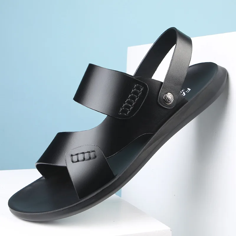 

2021 Summer Men Sandals Leather Summer Shoes Men's Beach Sandals Flat Cow Leather Male Black Formal Concise Sandal 38-44