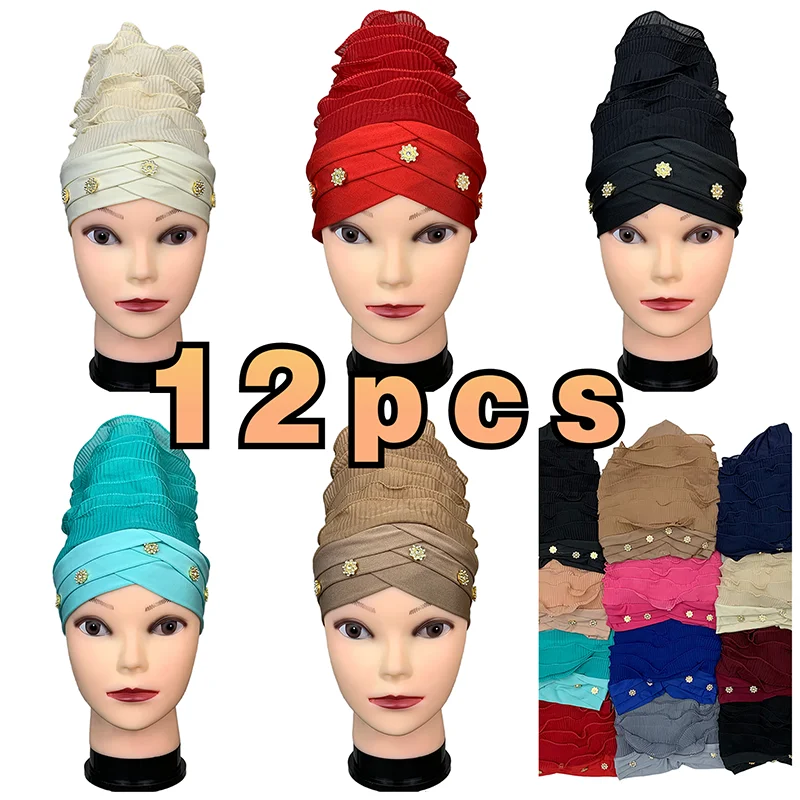 12pcs Main Stream New Fashion Velvet  Women Muslim Turban Color Cotton Bandanas Beaded Braid Headwraps Women Hair Accessories