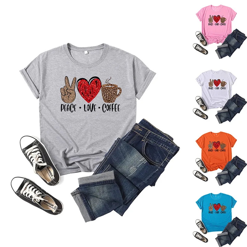 

Peace Love Coffee Letter Print Women T Shirt Short Sleeve ONeck Loose Women Tshirt Ladies Tee Shirt Tops Clothes Camisetas Mujer
