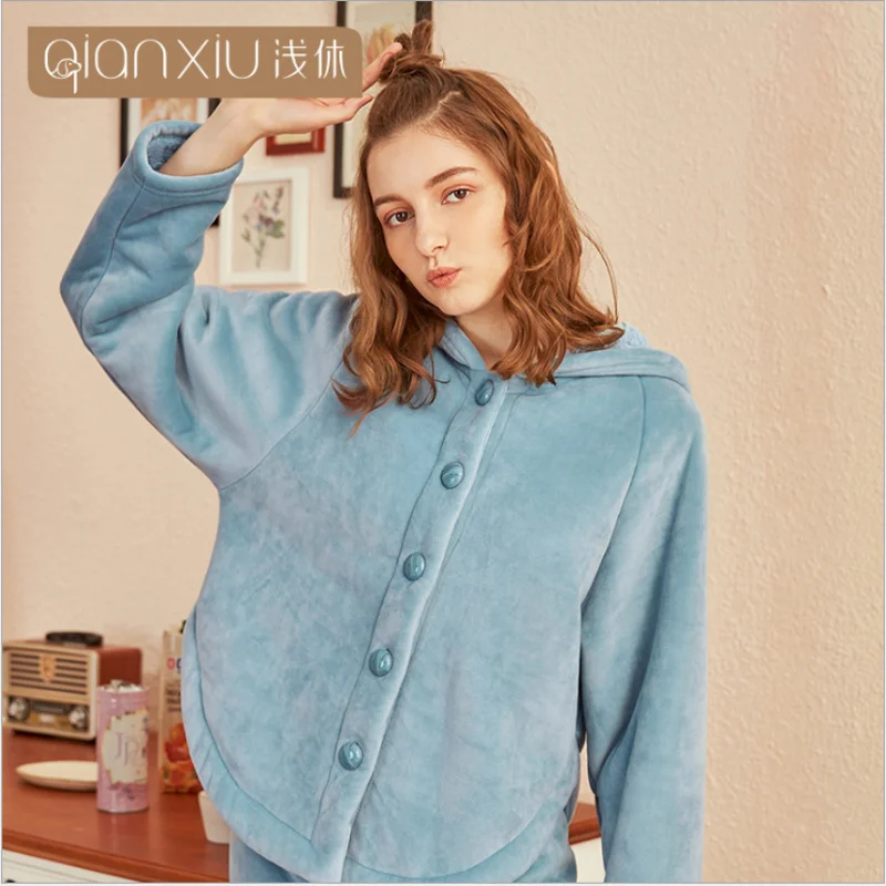 Winter Women Causal Loosen Pajama sets Female Thick Warm Lambs Sleepwear suit Long Sleeve Hoodie collar Coat &amp Pants | Женская одежда