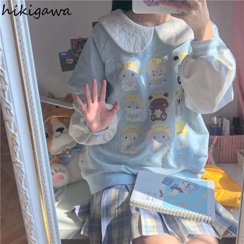 

Hikigawa Sweatshirt Women Japanese Cute Cartoon Print Pullover Tops Preppy Style Peter Pan Collar Patchwork Loose Casual Hoodies