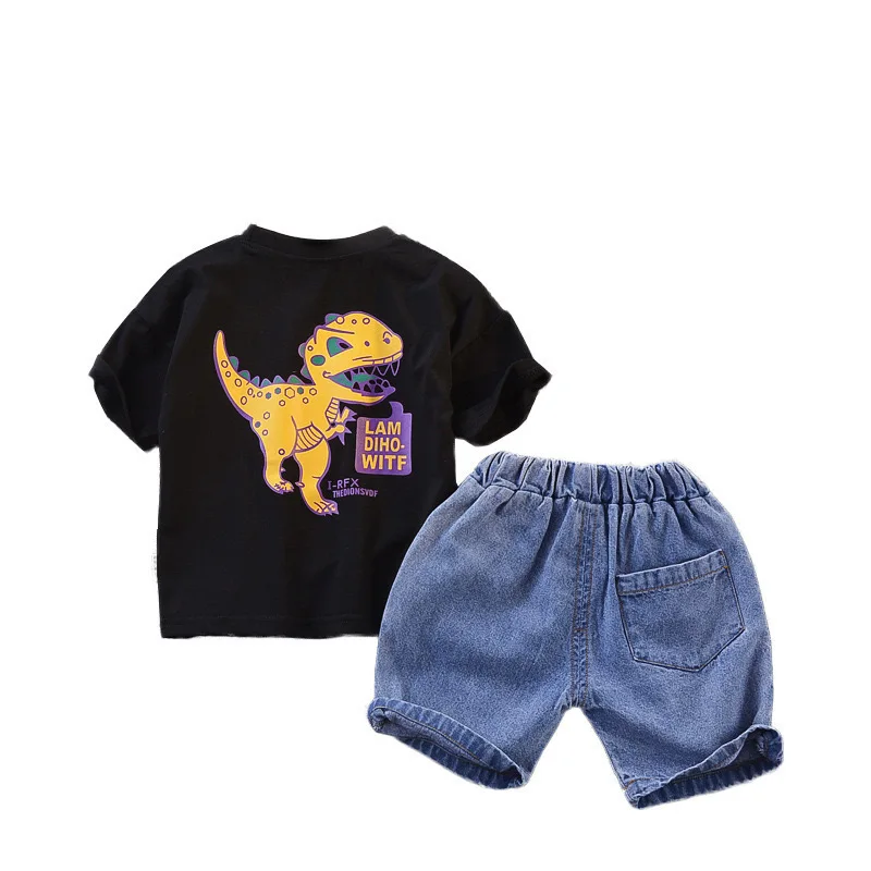 

2021 Summer New Children's Clothing Boy Dinosaur Print T-Shirt Loose Cartoon Kids Short-Sleeved Jeans Two-Piece Suit BT133