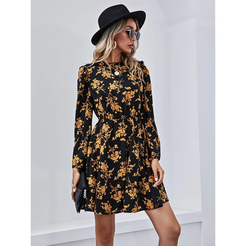 

Women's Dress Mid-Length Floral Long-Sleeve Slim Dress