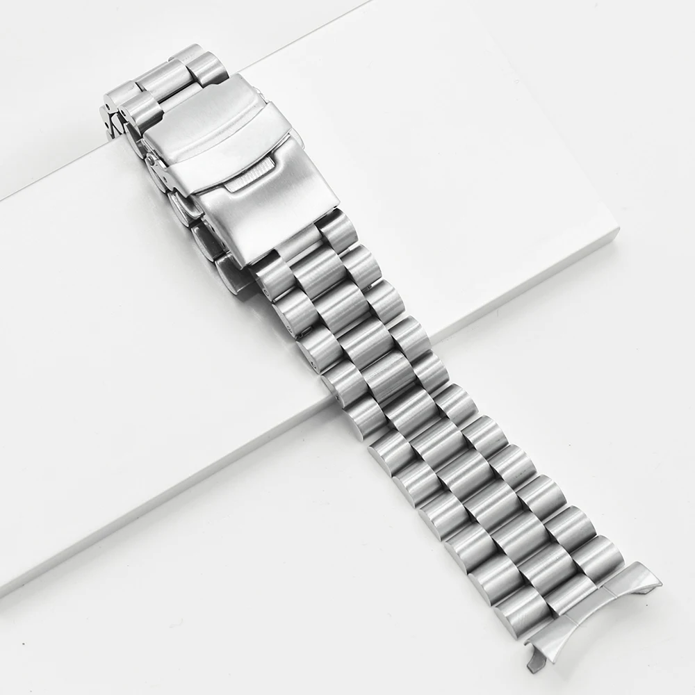 CARLYWET 20 22mm High Quality Silver Hollow Curved End Solid Links Replacement Watch Band Bracelet Double Push Clasp For Seiko