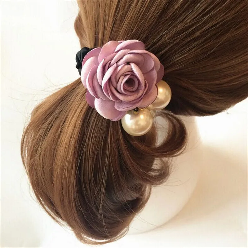 

1pc Hair Accessories Women Fashion Style Big Rose Flower Pearl Rhinestone Hair Bands Elastic Hair Rope Ring 5 Colors for Girls