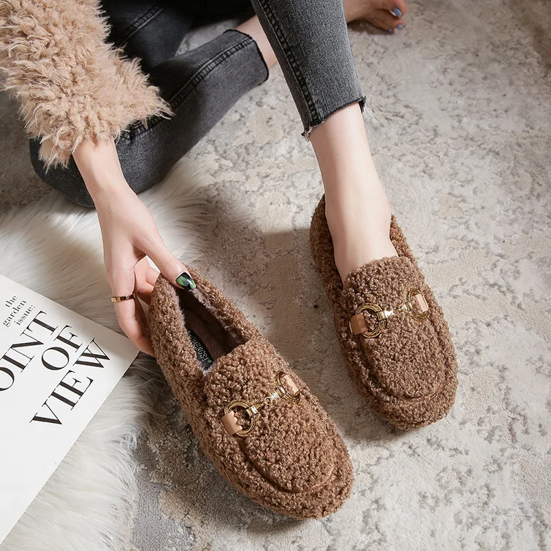 

Metal Chain lambswool moccasins woman fur flats fleeces ballerina cotton loafers warm plush pregnant shoes women plue size 33-43