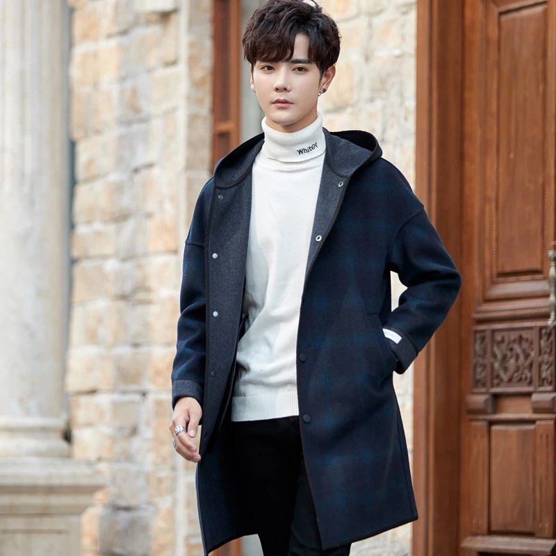 

Мужское шерстяное пальто с капюшоном, новинка зимы 2021, клетчатая темно-синяя куртка, Европейское дизайнерское длинное пальто, шерстяное муж...