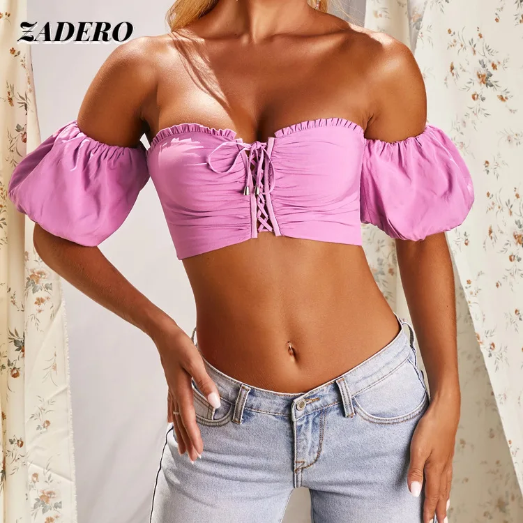 

Crop Top Sexy Low Cut Lace-up Front Off Shoulder Hollow Short Puff Sleeve T-shirt Women Tube Tops Party Club Streetwear Solid
