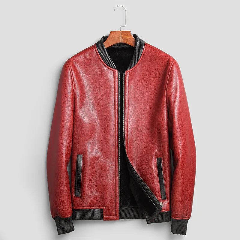 

Leather Genuine Sheepskin Jacket Men Natural Fur Wool Coat Winter Shearling Jacket Men Real Fur Bomber Jacket 02E88B