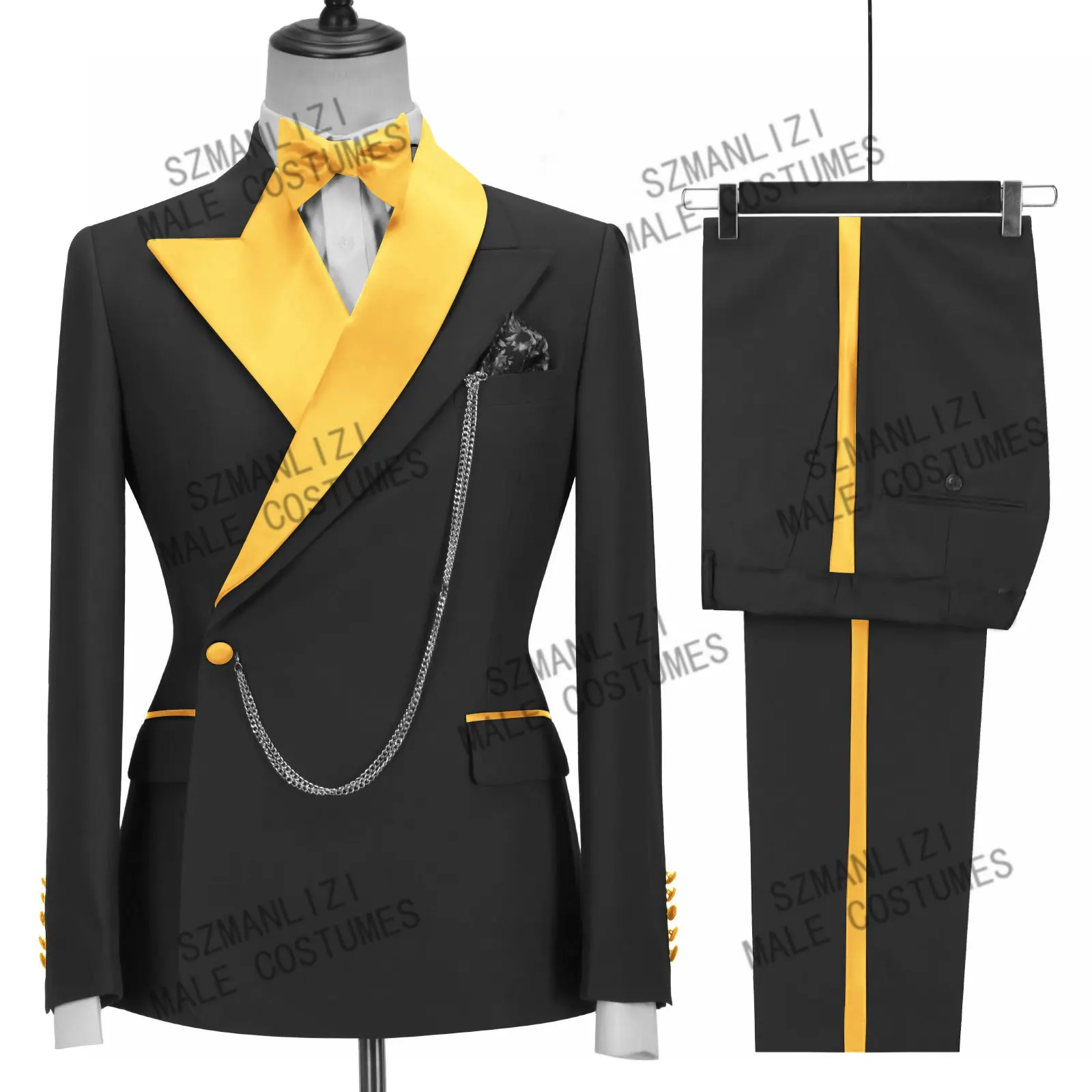 Latest Designs 2022 Tailor Made Black Gold Lapel Double Breasted Men Suits For Wedding Slim Fit Groom Prom Tuxedo Blazer Pants