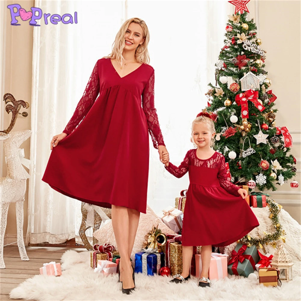 

Осеннее платье для мамы и дочки PopReal, милое кружевное однотонное платье для мамы и девочки, семейная Одинаковая одежда, подарок для мамы и ре...