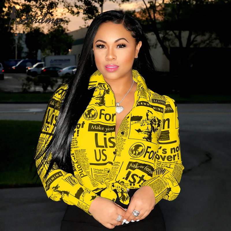 

Hot Sale New Women Newspapers Print Long Sleeve V-Neck Crop Ruffle Tops Shirt Sexy Lady Fashion Tops Crop