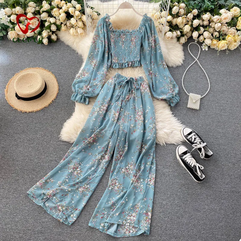 

Vacation Style Printed Women's Chiffon Blouse Versatile High Waist Wide Leg Pants Two-Piece Set Fresh Beach Suit Women's