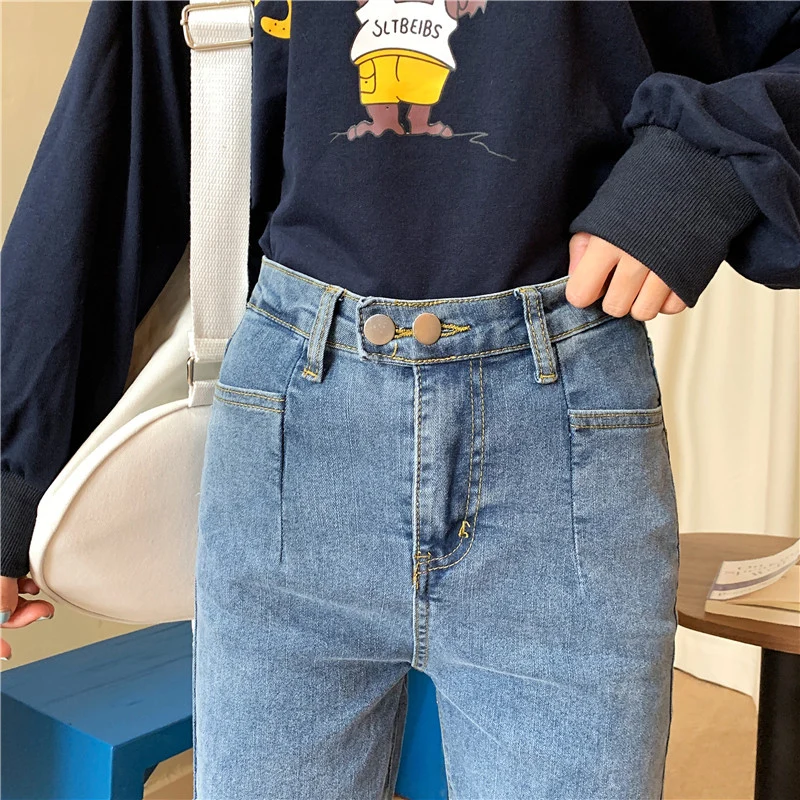 

Women High Waist Slim Jeans Lady Casual Wide Leg Straight Pants Student Gray Cropped Denim Jeans Autumn Stretch Thin Trousers