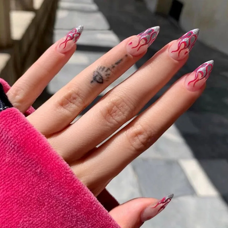 

24pcs fake nails with glue designed dark black snake flame detachable False Press on Nails Art Stickers acrylic nail tips