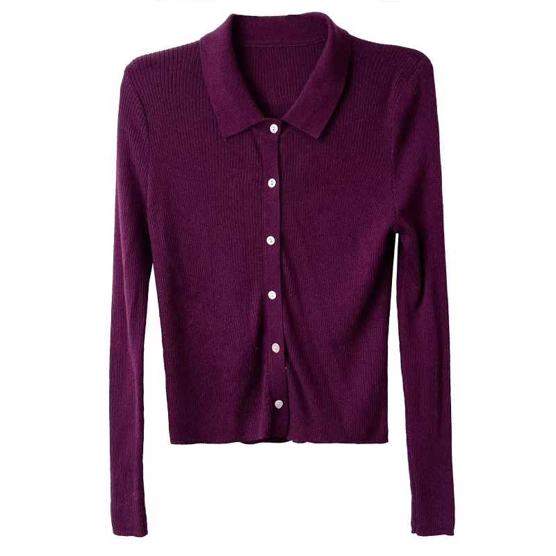 

Original Design Women Sweater lapel Cardigan Solid Stretch Soft Striped Short Long Sleeve Knit Spring Autumn Slim tops