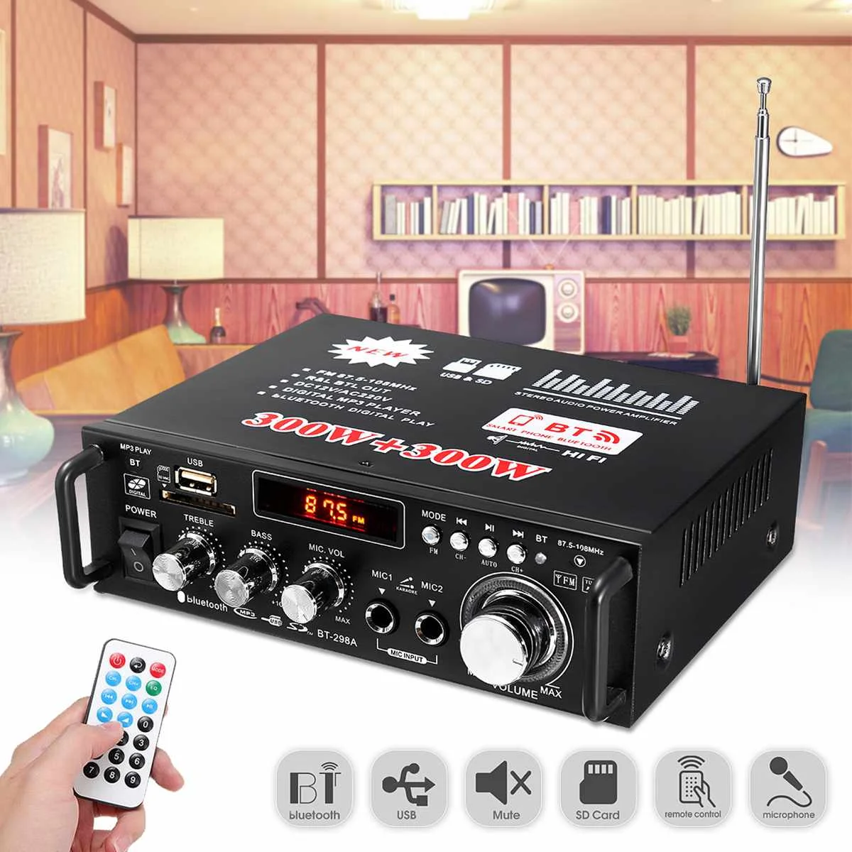 

600W Power Amplifiers 12/220V 2CH HIFI bluetooth Audio Stereo Power Amplifier Subwoofer FM Radio Car Home Theater Amplifiers