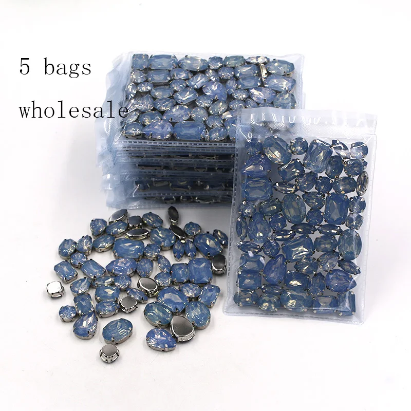 

New Wholesale 5 bags mixed shape blue rhinestones Resin silver base sew on rhinestones for Clothing accessories