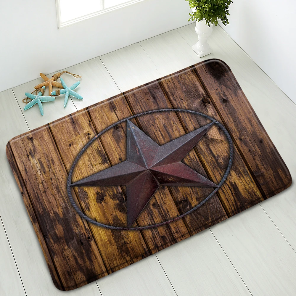 

Anti-Slip Bath Mat Retro Wood Plank Five-Pointed Star Pattern Bedroom Kitchen Doormat Carpet Flannel Water Absorbent Foot Pad