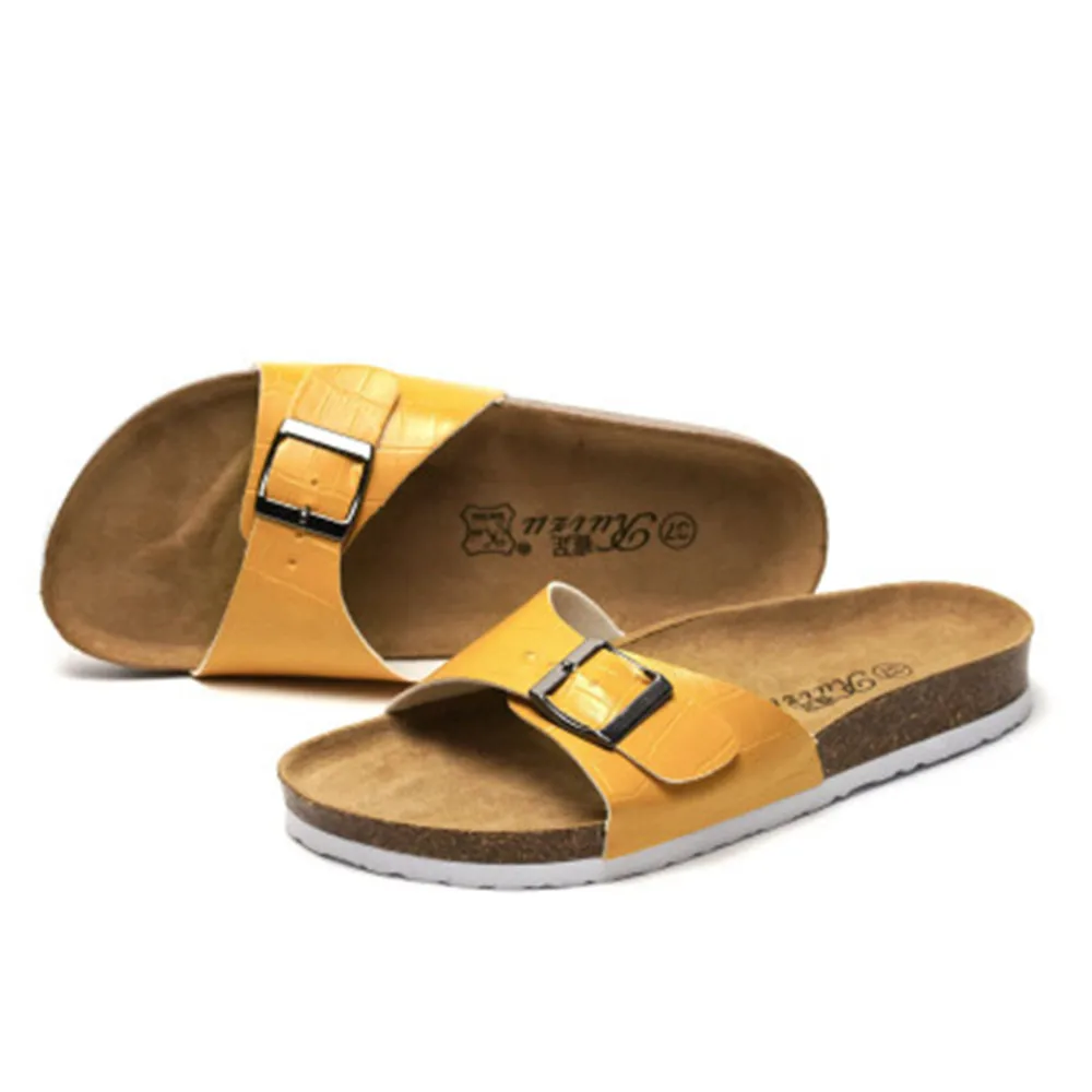 

New 2022 Summer Women Sandals Flats Cork Slippers Casual Shoes Fashion Leather Buckle Beach Slides Flip Flop White Yellow Blue
