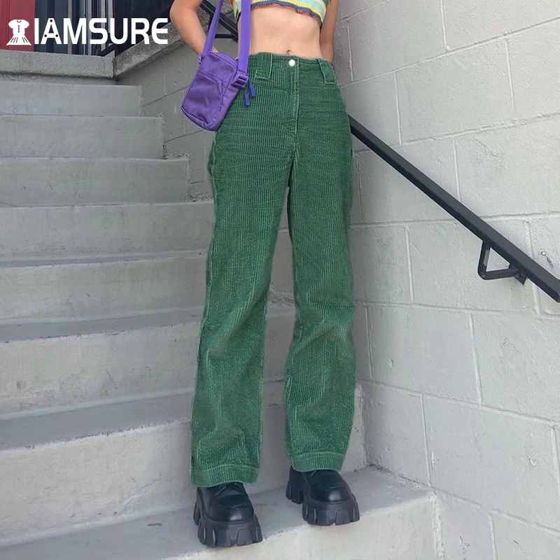 

IAMSURE Green Basic Corduroy Pants Casual Mid-Waisted Straight Women'S Trousers Solid Wide Leg Pants Fashion Streetwear Vintage